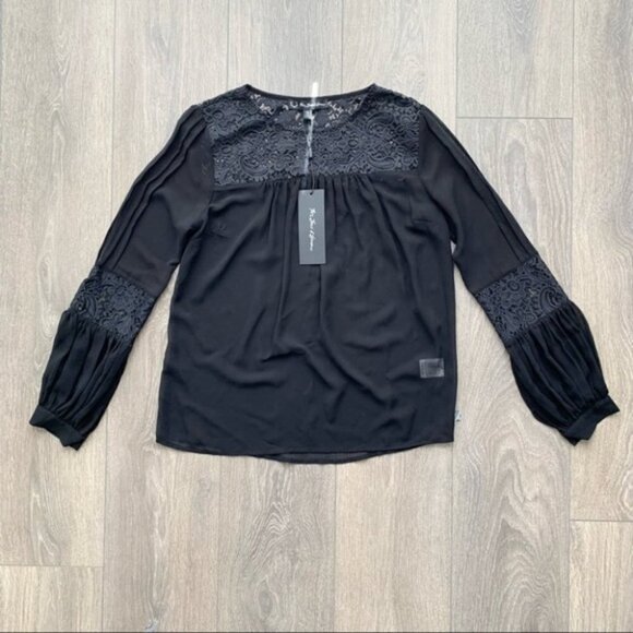 For Love and Lemons Sacramento Blouse Black Sheer Lace Long Sleeves Size Small - Picture 6 of 16